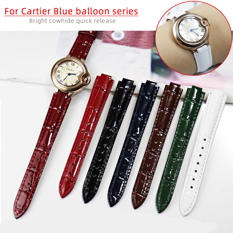 Cartier Watch Ballon Bleu - สายนาฬิกาหนังแท้สีสดใสสำหรับคาร์เทียร์ลูกโป่งสีฟ้าสายนาฬิกาข้อมือแบบปลดเร็ว14มม. 16มม. 18ม. สร้อยข้อมือสตรีนูน